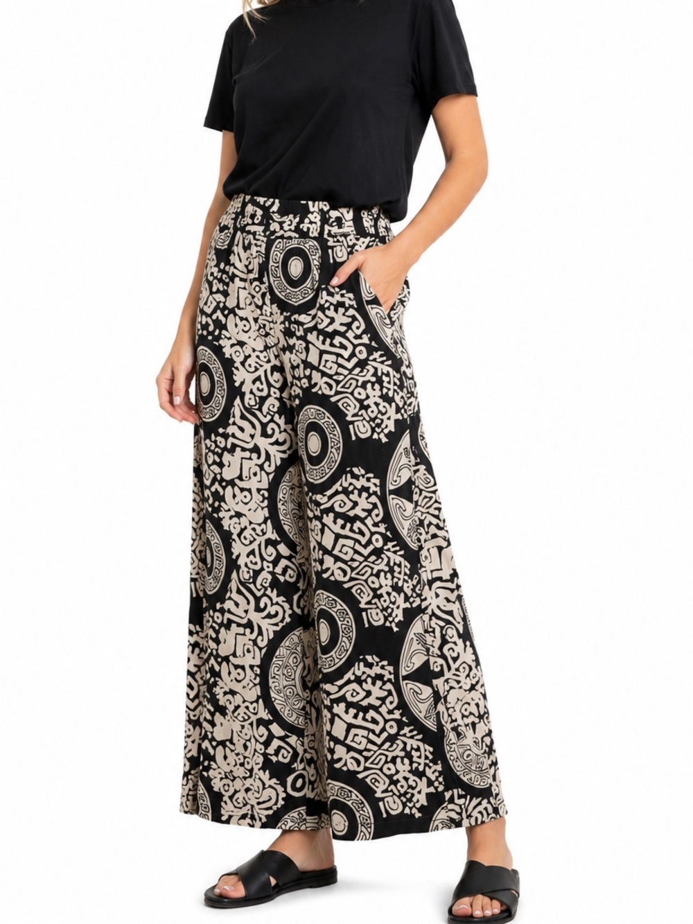 MOA BLACK & WHITE BOHEMIAN WIDE LEG PANTS SZ 2XL EUC